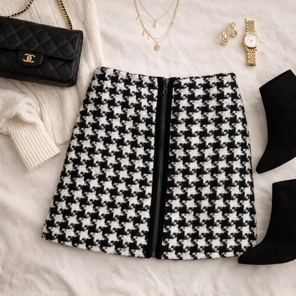 Anthropologie Houndstooth Tweed Mini Skirt Black White Front Zip Size 4 Chic - Picture 1 of 12